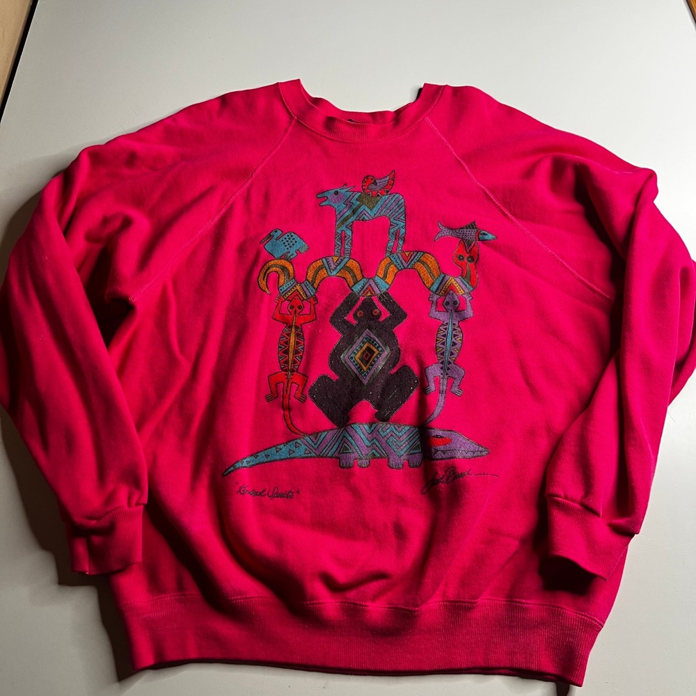 Vintage 1988 Laurel Burch Kindred Spirits Sweatshirt Pink XL Made in USA 80s Art
